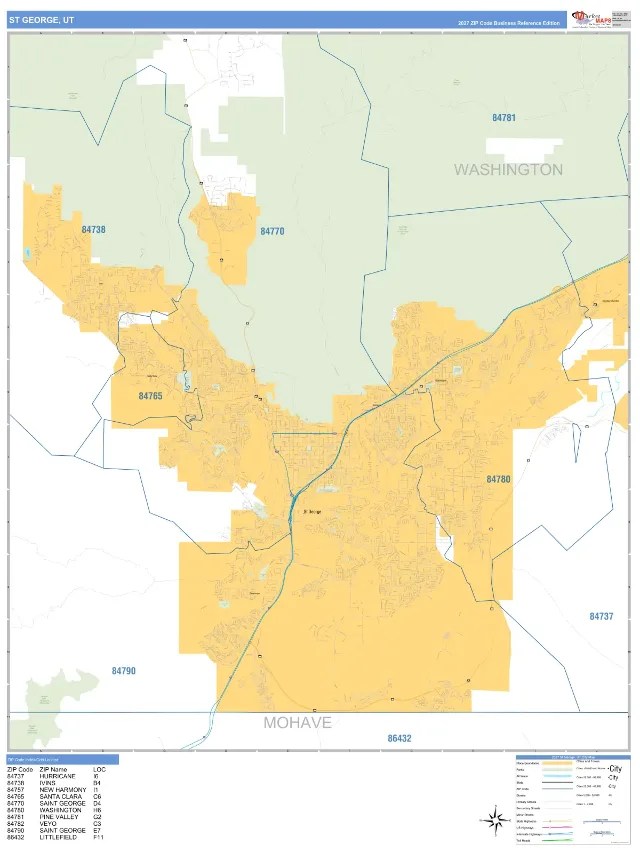 St. George, UT ZIP Code Wall Map, Business Reference style