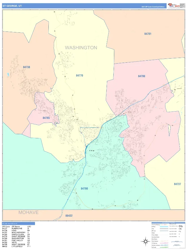 St. George, UT ZIP Code Wall Map, ColorCast style