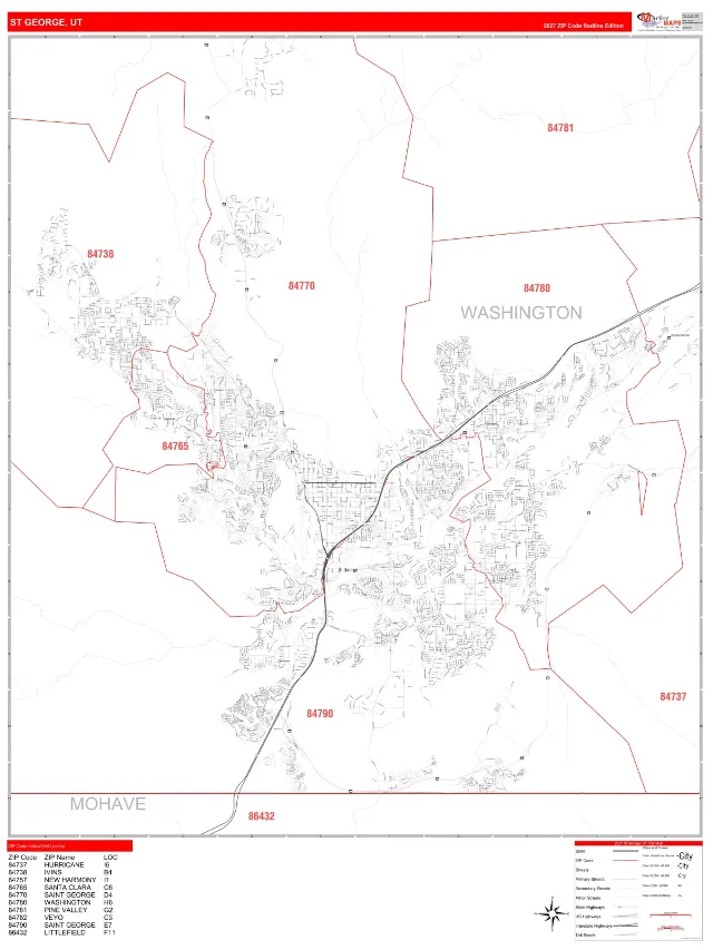 St. George, UT ZIP Code Wall Map, RedLine style