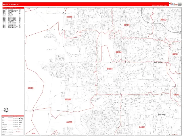 West Jordan, UT ZIP Code Wall Map, RedLine style