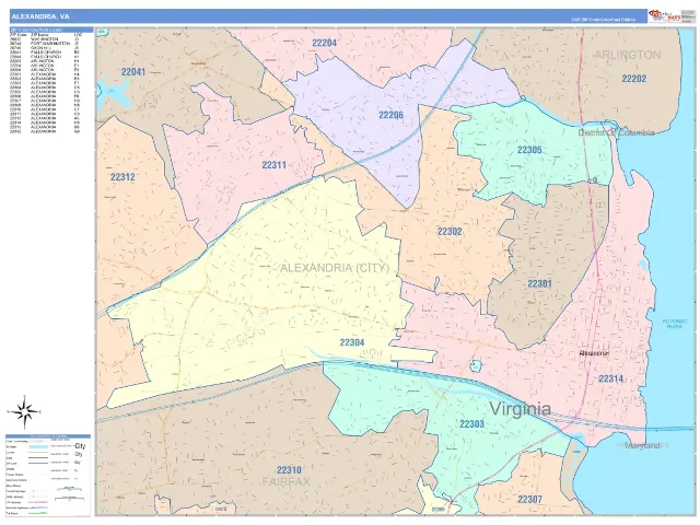 Alexandria, VA ZIP Code Wall Map, ColorCast style