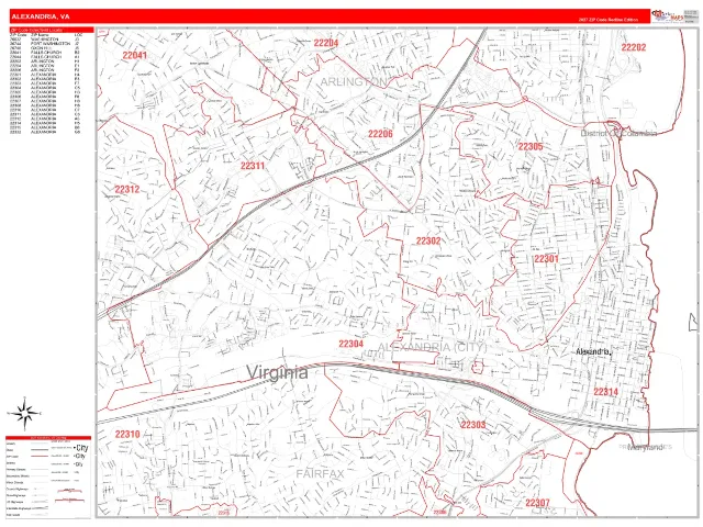 Alexandria, VA ZIP Code Wall Map, RedLine style