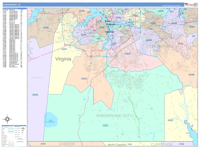 Chesapeake, VA ZIP Code Wall Map, ColorCast style