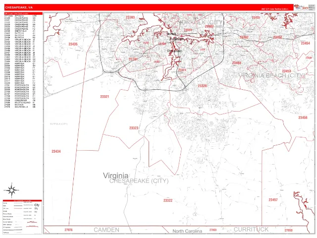Chesapeake, VA ZIP Code Wall Map, RedLine style