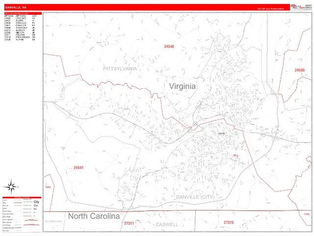 Danville, VA ZIP Code Wall Map, RedLine style