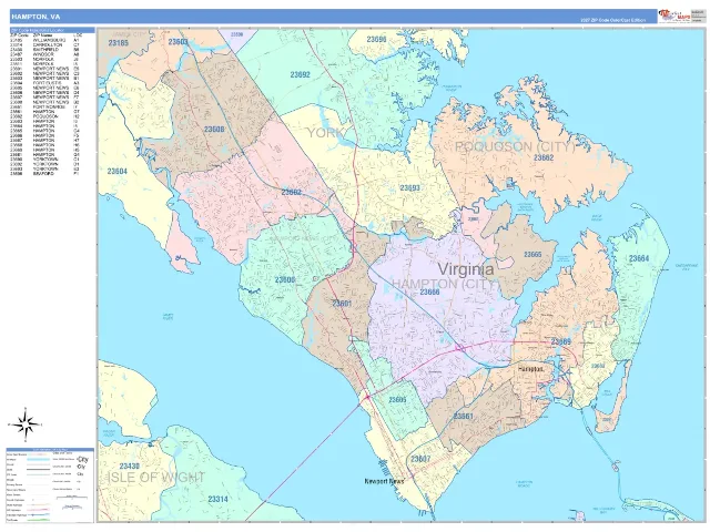 Hampton, VA ZIP Code Wall Map, ColorCast style
