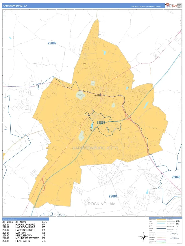 Harrisonburg, VA ZIP Code Wall Map, Business Reference style