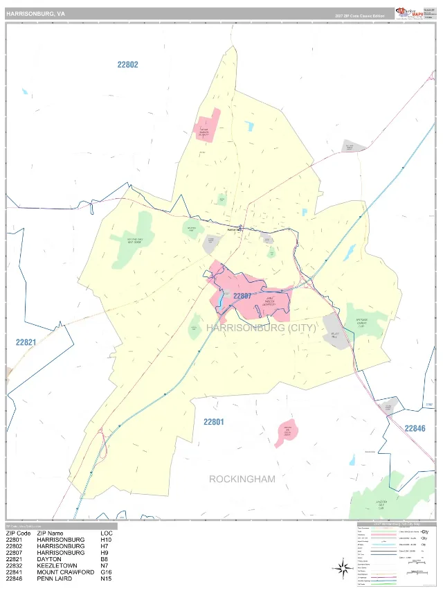 Harrisonburg, VA ZIP Code Wall Map, Classic style