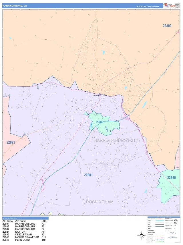 Harrisonburg, VA ZIP Code Wall Map, ColorCast style