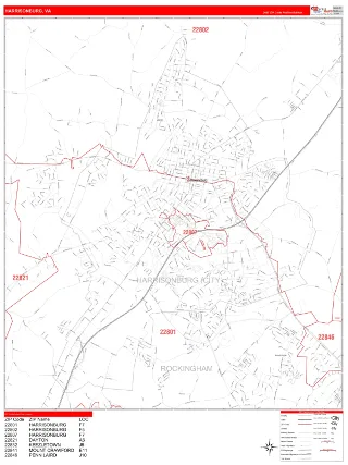 Harrisonburg, VA RedLine style ZIP Code wall map