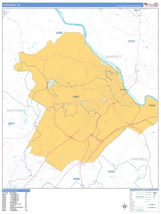 Lynchburg, VA Business Reference style ZIP Code wall map