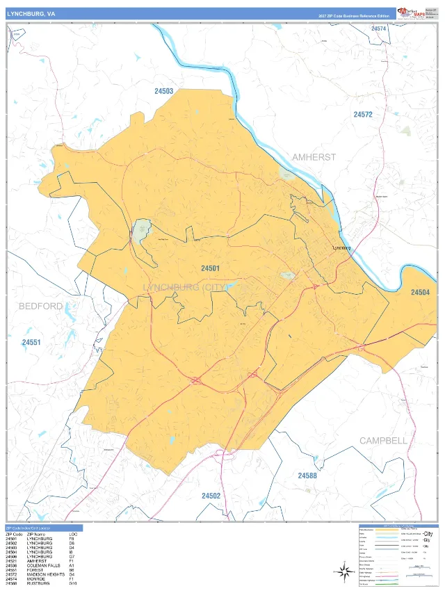 Lynchburg, VA ZIP Code Wall Map, Business Reference style