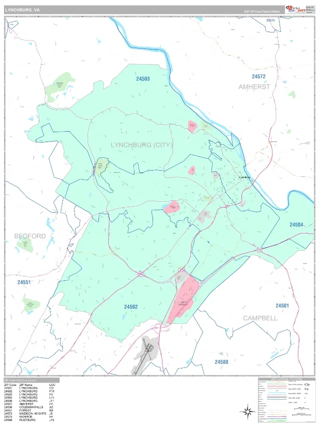 Lynchburg, VA ZIP Code Wall Map, Classic style