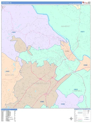 Lynchburg, VA ColorCast style ZIP Code wall map