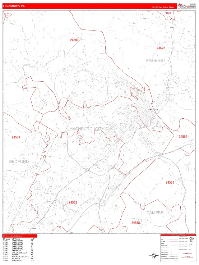 Lynchburg, VA ZIP Code Wall Map, RedLine style