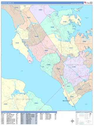 Newport News, VA ColorCast style ZIP Code wall map