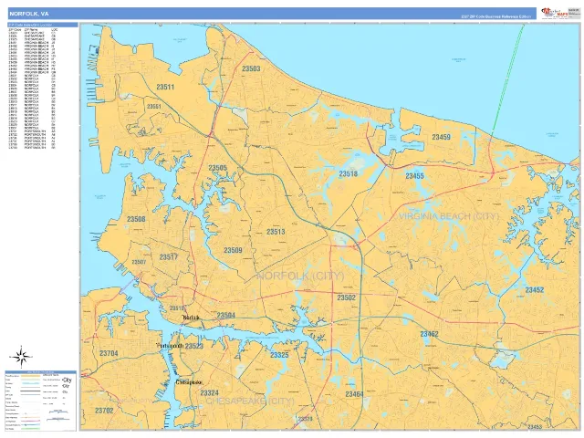 Norfolk, VA ZIP Code Wall Map, Business Reference style