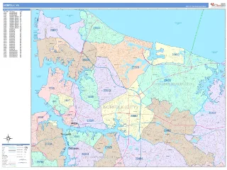 Norfolk, VA ColorCast style ZIP Code wall map