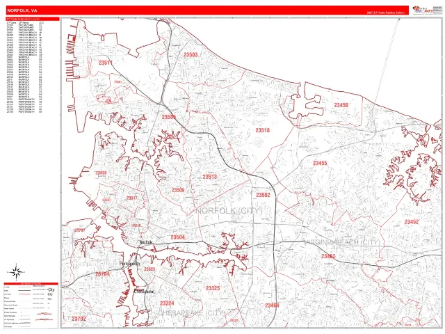 Norfolk, VA ZIP Code Wall Map, RedLine style