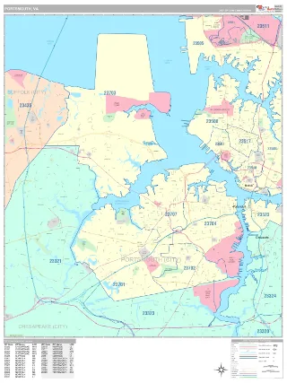 Portsmouth, VA Classic style ZIP Code wall map