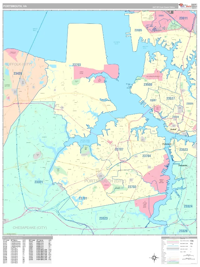 Portsmouth, VA ZIP Code Wall Map, Classic style