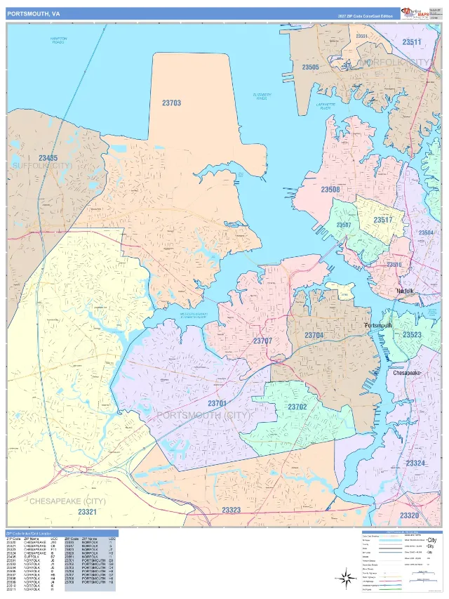 Portsmouth, VA ZIP Code Wall Map, ColorCast style