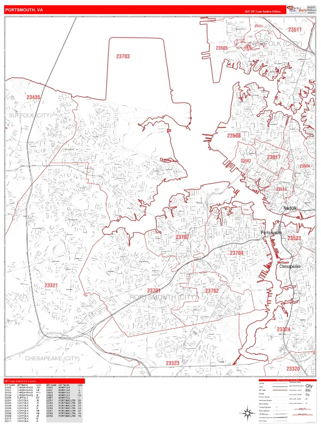 Portsmouth, VA ZIP Code Wall Map, RedLine style