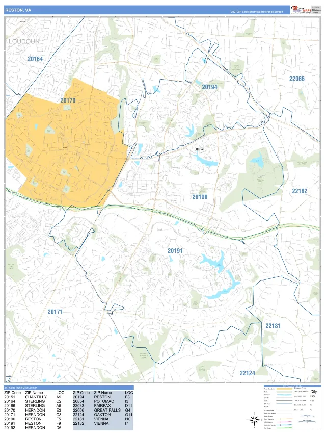 Reston, VA ZIP Code Wall Map, Business Reference style