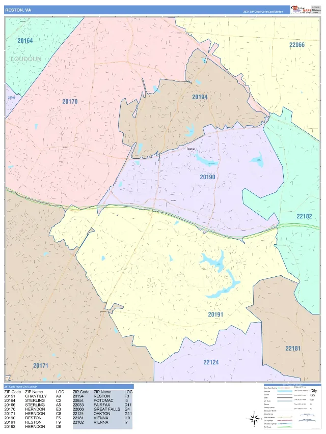 Reston, VA ZIP Code Wall Map, ColorCast style