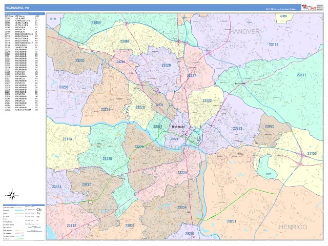 Richmond, VA ZIP Code Wall Map, ColorCast style