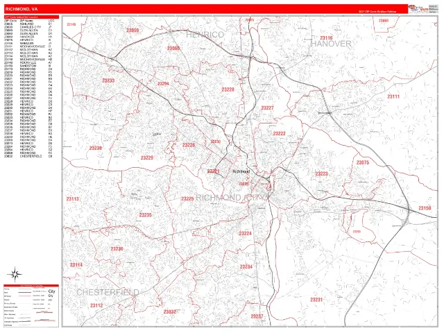 Richmond, VA ZIP Code Wall Map, RedLine style