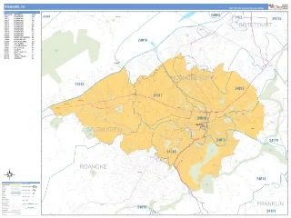 Roanoke, VA Business Reference style ZIP Code wall map