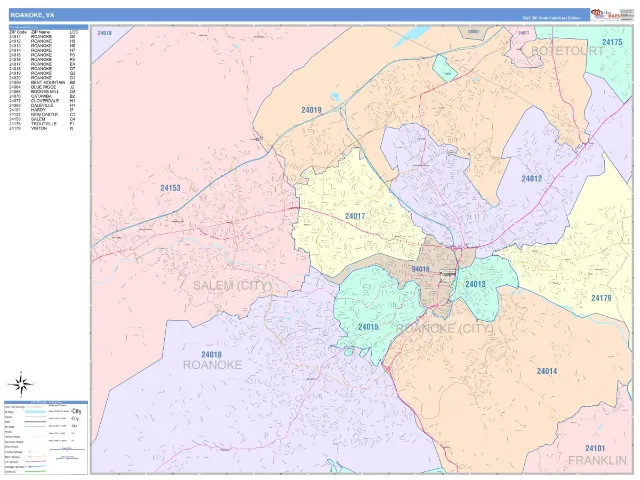 Roanoke, VA ZIP Code Wall Map, ColorCast style