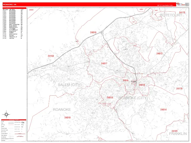 Roanoke, VA ZIP Code Wall Map, RedLine style