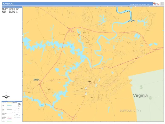 Suffolk, VA ZIP Code Wall Map, Business Reference style