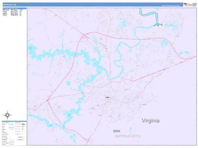 Suffolk, VA ZIP Code Wall Map, ColorCast style
