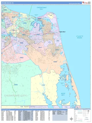 Virginia Beach, VA ColorCast style ZIP Code wall map