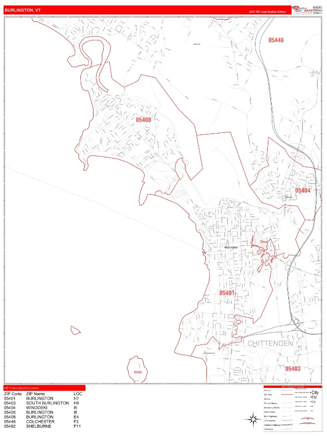 Burlington, VT ZIP Code Wall Map, RedLine style
