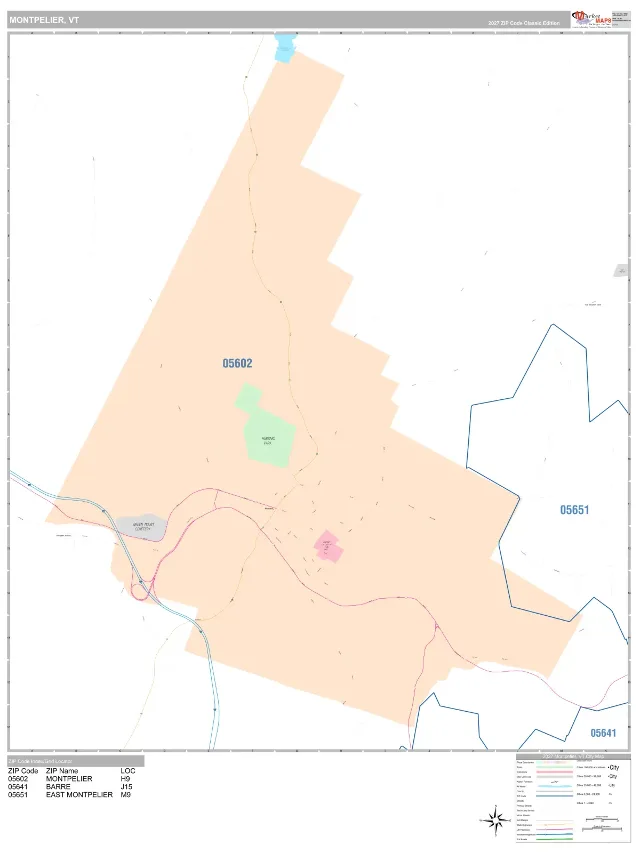 Montpelier, VT ZIP Code Wall Map, Classic style