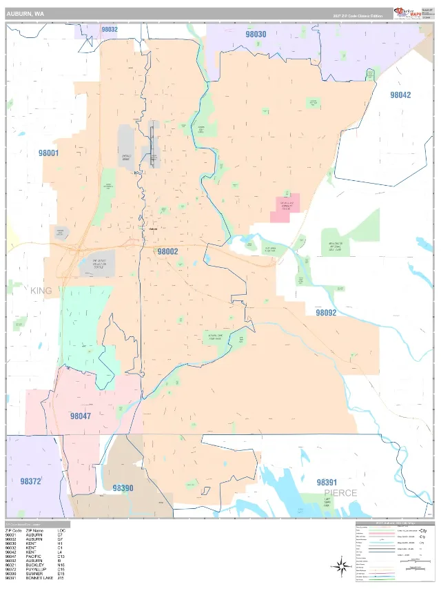 Auburn, WA ZIP Code Wall Map, Classic style