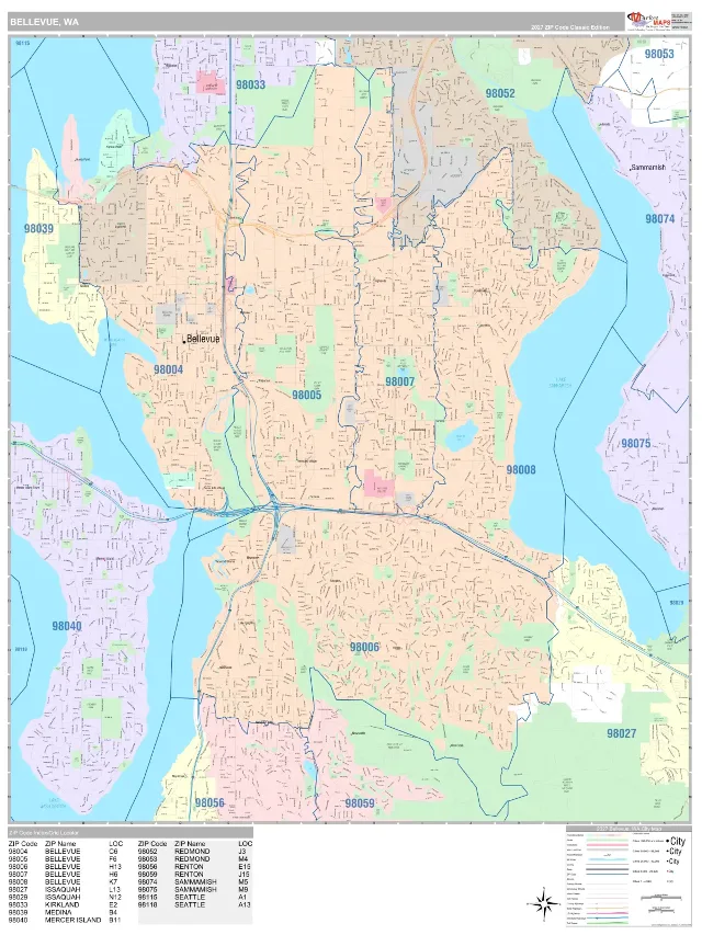 Bellevue, WA ZIP Code Wall Map, Classic style