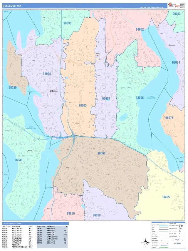 Bellevue, WA ZIP Code Wall Map, ColorCast style