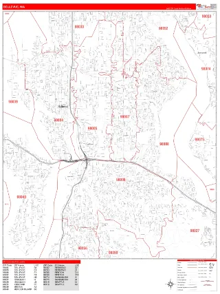 Bellevue, WA RedLine style ZIP Code wall map