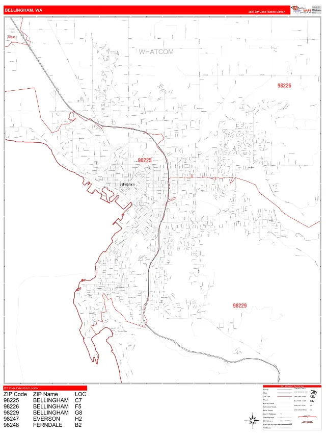 Bellingham, WA ZIP Code Wall Map, RedLine style