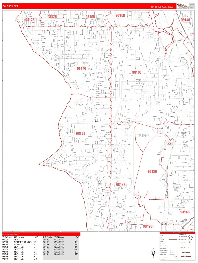 Burien, WA ZIP Code Wall Map, RedLine style