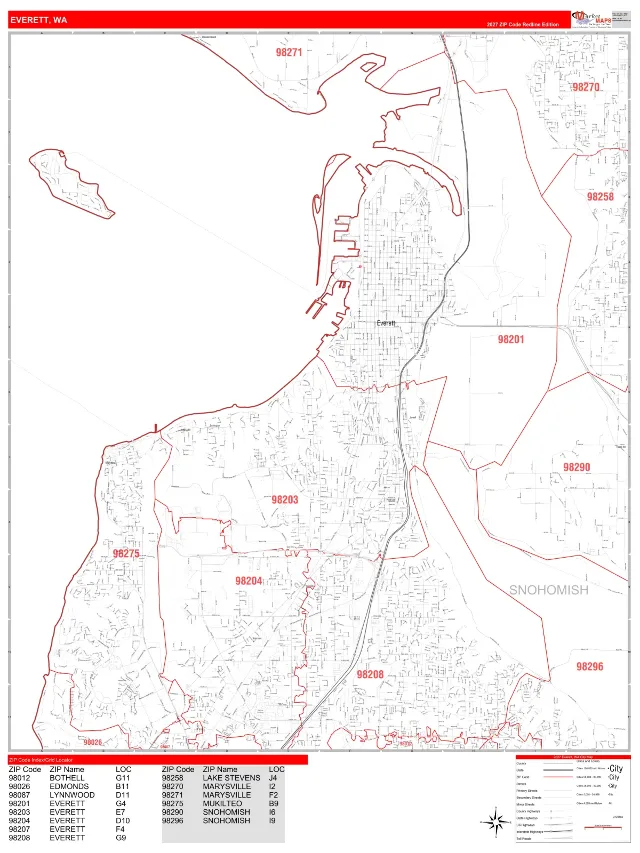 Everett, WA ZIP Code Wall Map, RedLine style