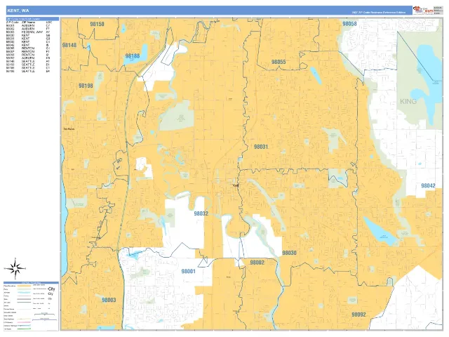 Kent, WA ZIP Code Wall Map, Business Reference style