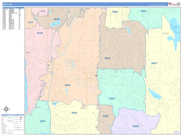 Kent, WA ZIP Code Wall Map, ColorCast style