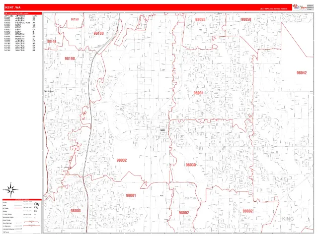 Kent, WA ZIP Code Wall Map, RedLine style