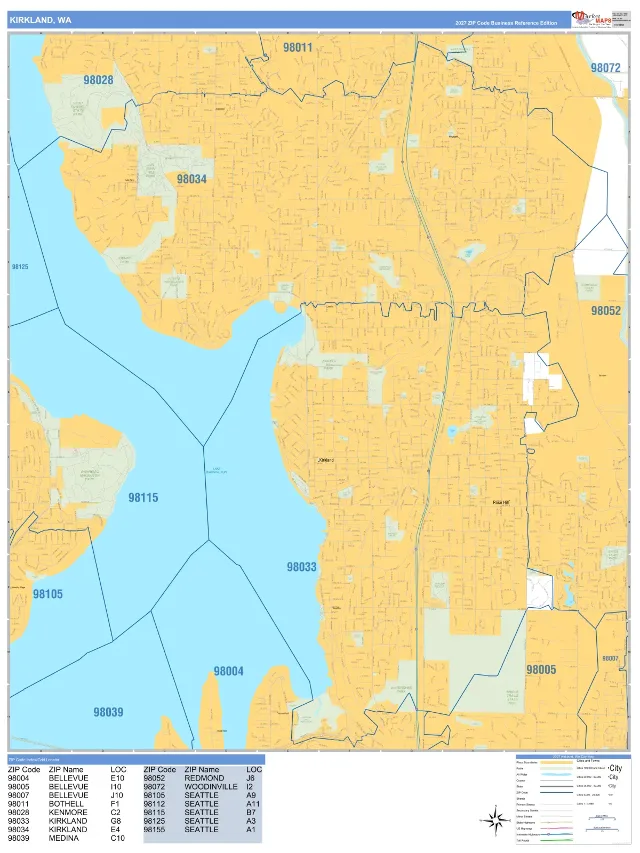 Kirkland, WA ZIP Code Wall Map, Business Reference style